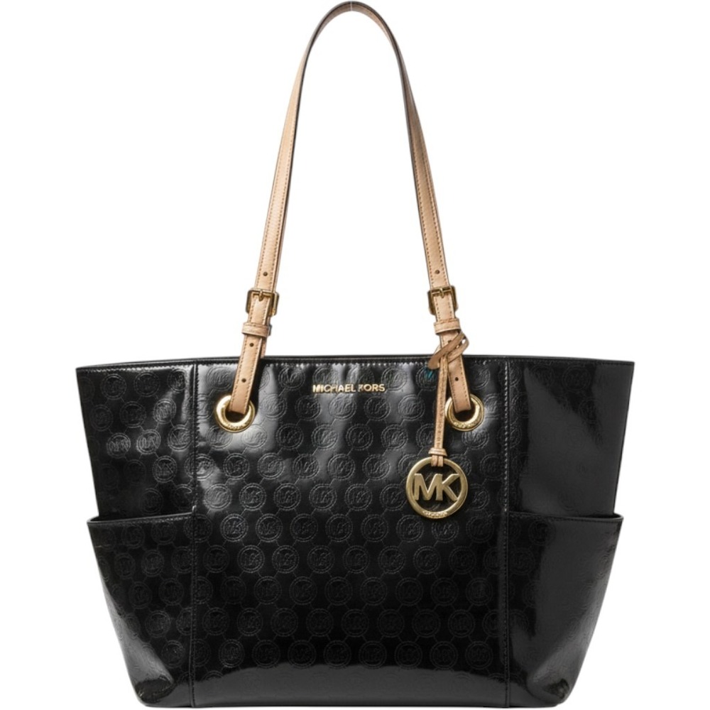 Michael Kors Jet Set Black Patent Leather Monogram Tote Bag Gold Hardware